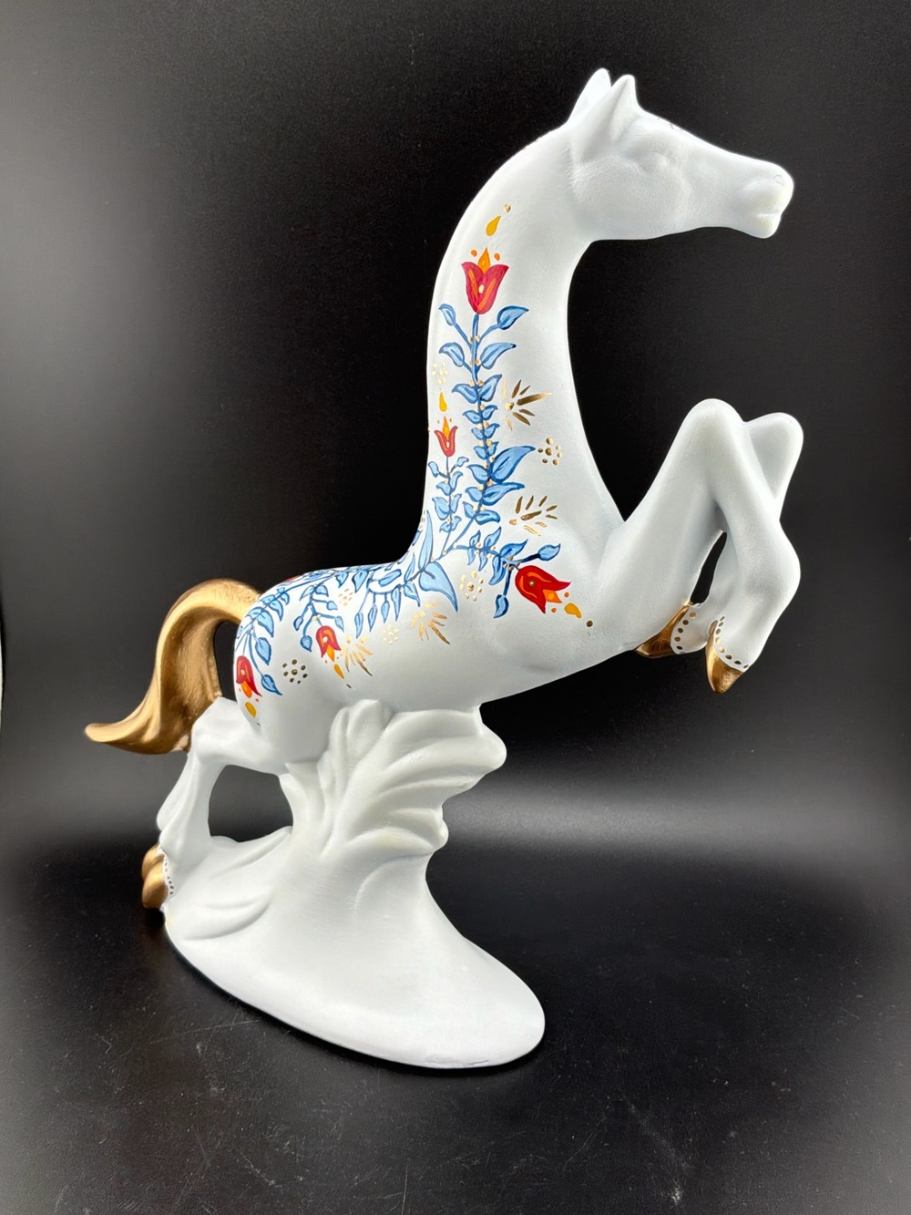 Hand Painted‎ White Ceramic Rearing Horse with Blue, Red and Gold Detailing